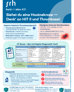 Kurzinformation über Heparin-induzierte Thrombozytopenie II, häufige Manifestationen, 4T-Score zur Diagnostik und empfohlene Sofortmaßnahmen.
