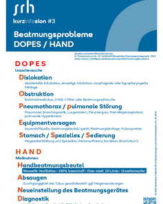 Kurzinformation zu Beatmungsproblemen mit den Akronymen DOPES und HAND, einschließlich Ursachen und Maßnahmen zur Behandlung.