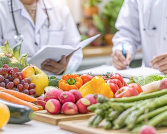 Frisches Obst und Gemüse, darunter Brokkoli, Trauben, Äpfel, Karotten und Tomaten, liegen auf einem Tisch, während zwei Personen in weißen Kitteln Notizen machen und ein Buch konsultieren.