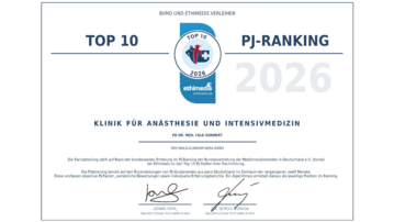Wir unter den TOP 10 des bundesweiten PJ-Rankings 2026 Zertifikat für die Klinik für Anästhesie und Intensivmedizin, ausgezeichnet im PJ-Ranking 2026 als eine der Top 10 Einrichtungen.